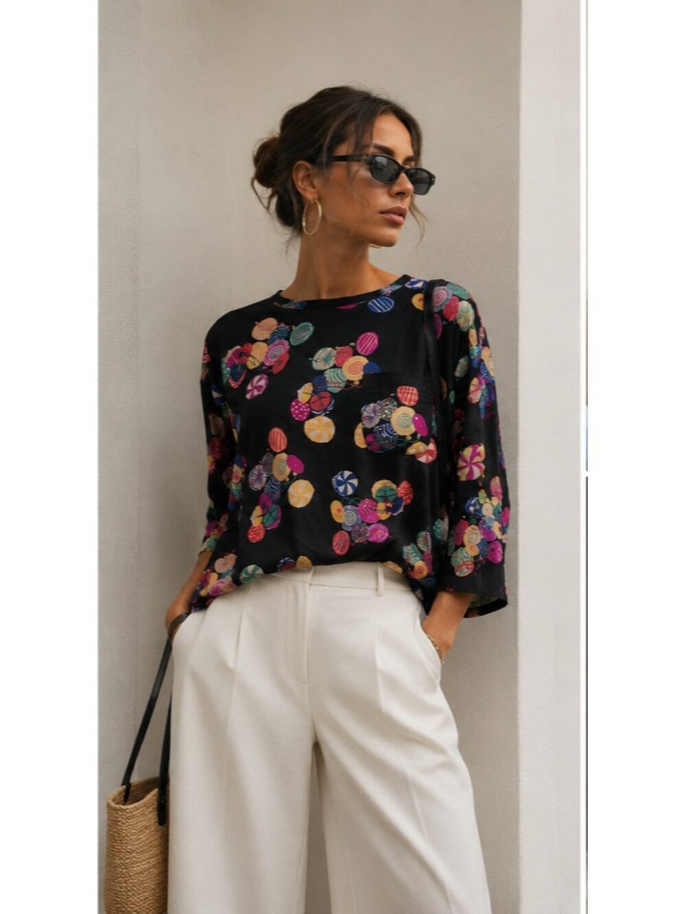 Vintage Julie Francis 100% Silk Black Colorful Print Rhinestone Blouse Size 6